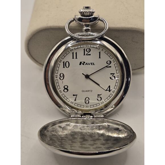 RAVEL POCKET WATCH-Chrome Lid/Clip-SILVER R1001.04. New Battery - Picture 1 of 6